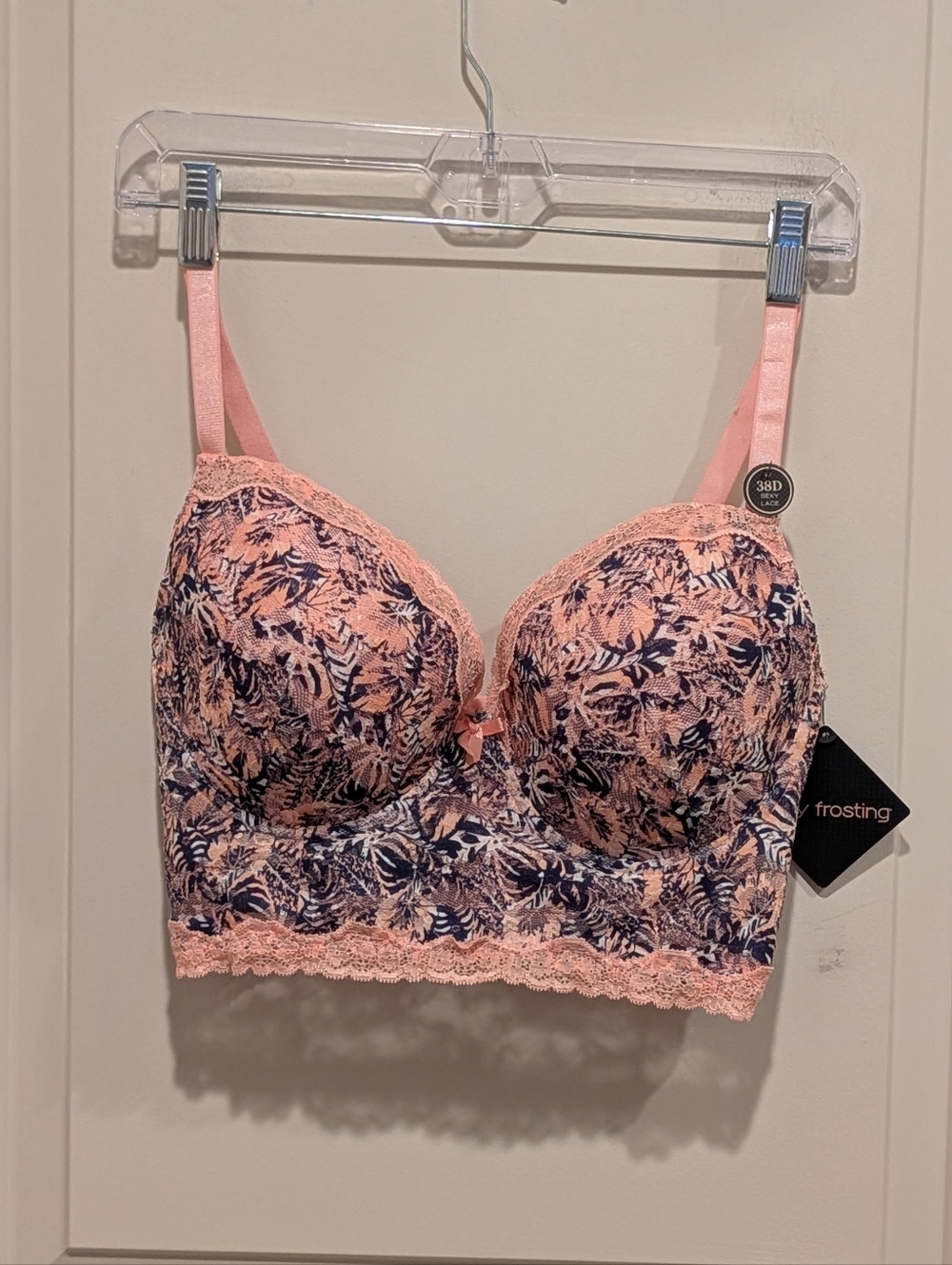 Body Frosting Floral Longline Lace Bra - Peach & Navy 38D